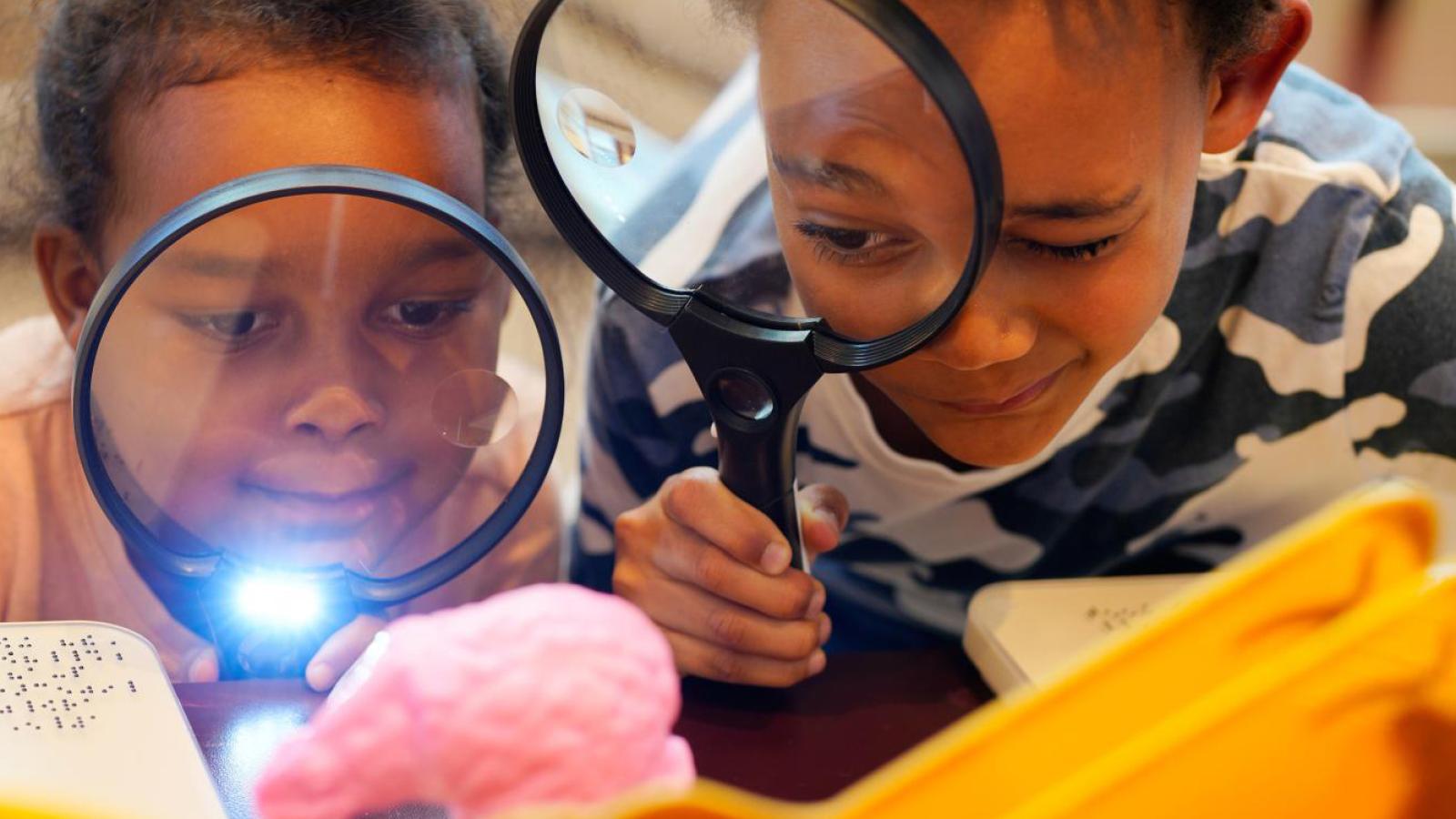 Two children look through magnifying lasses