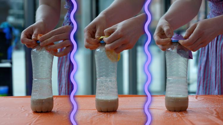 A splitscreen image of 3 parts separated by 2 wiggly purple lines. Each image shows a different plastic bottle with hands over the top of each as balloons are being stretched over the bottle necks.