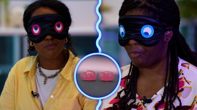 A splitscreen image of two women on either side of a wiggly blue line. Both women are wearing eye-masks and chewing. An image of two pink jellybean sweets is overlayed in the middle of the screen.