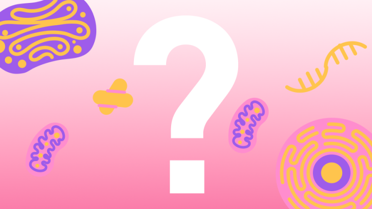 A white question mark with cartoons of cells and DNA