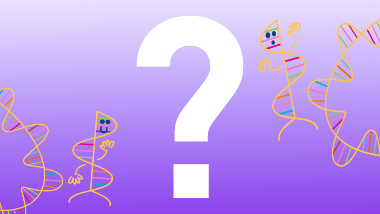 A white question mark with cartoons of DNA