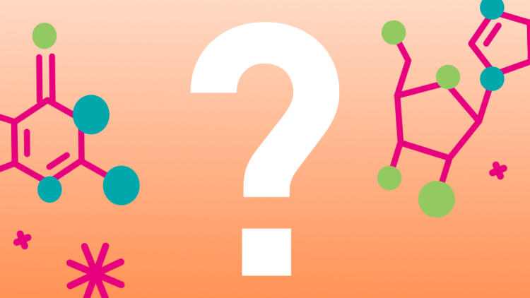 A white question mark with cartoons of molecules