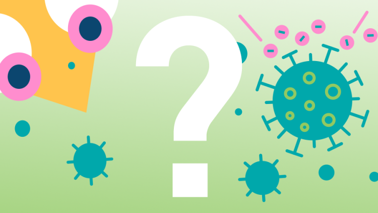 A white question mark with cartoons of atoms and eyes