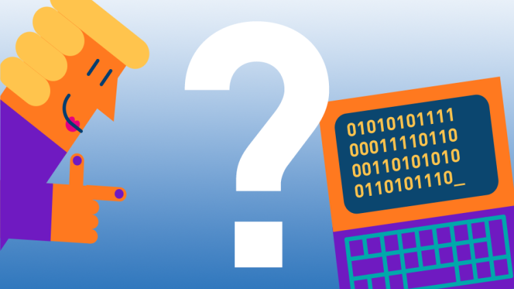 A white question mark with cartoons of people and computers