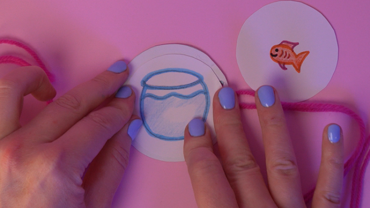 Two hands stick a fish tank on a circle