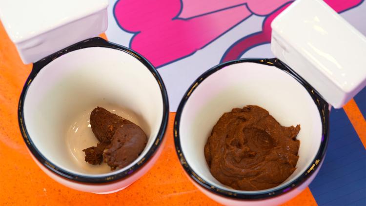 Two toilet-shaped mugs hold brown mixtures. One is more solid and resembles fake poo. One is runnier and resembles fake diarrhoea.
