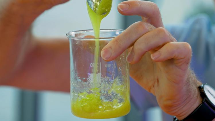 Someone holding a clear glass beaker filled with green, gloopy liquid, stirring it with a spoon.